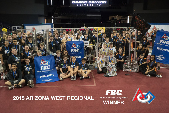 2015 Arizona West Regional champions: Team 3309 (Anaheim), Team 2122 (Boise), and Team 5059 (Globe). Photo by Kenneth Chan Photography.